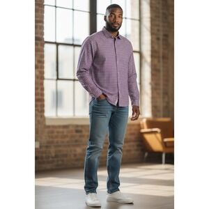 (B-59) Van Heusen Flex Men's Dress Shirt 16.5 36/37 Purple Check Regular Fit Str